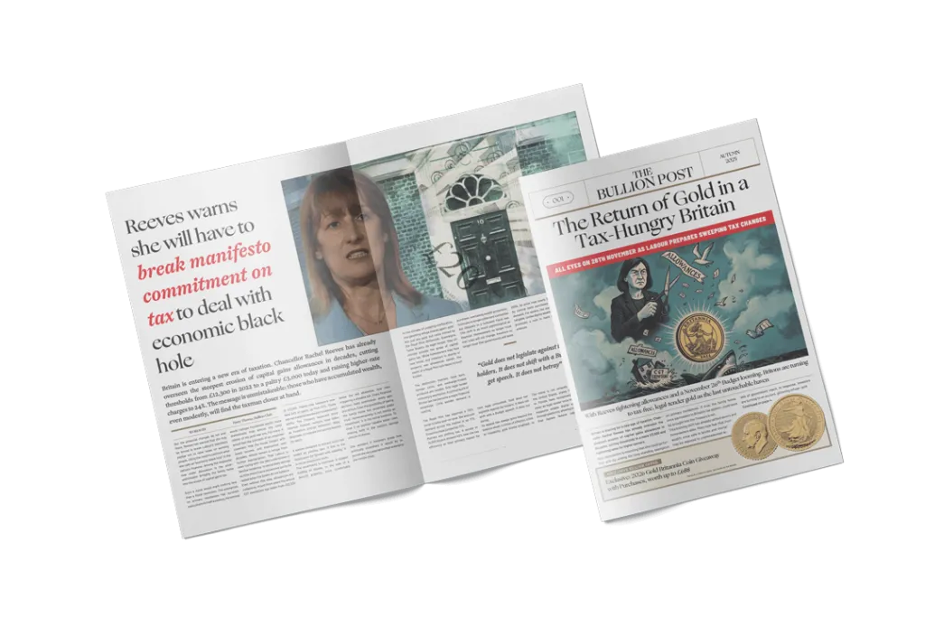 The Bullion Post, Bullion Club's gold newspaper, open at its front page